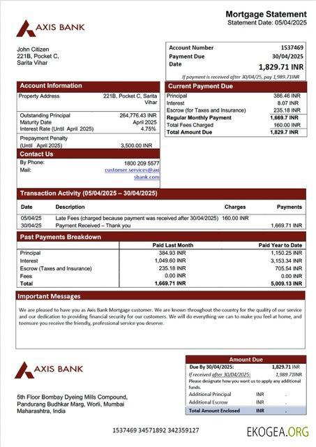 Modèle Word et PDF de relevé hypothécaire de la India Axis Bank